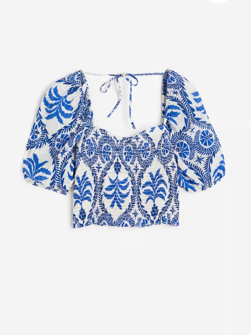 H&M Blue & White Smocked Puff-Sleeve Crop Top